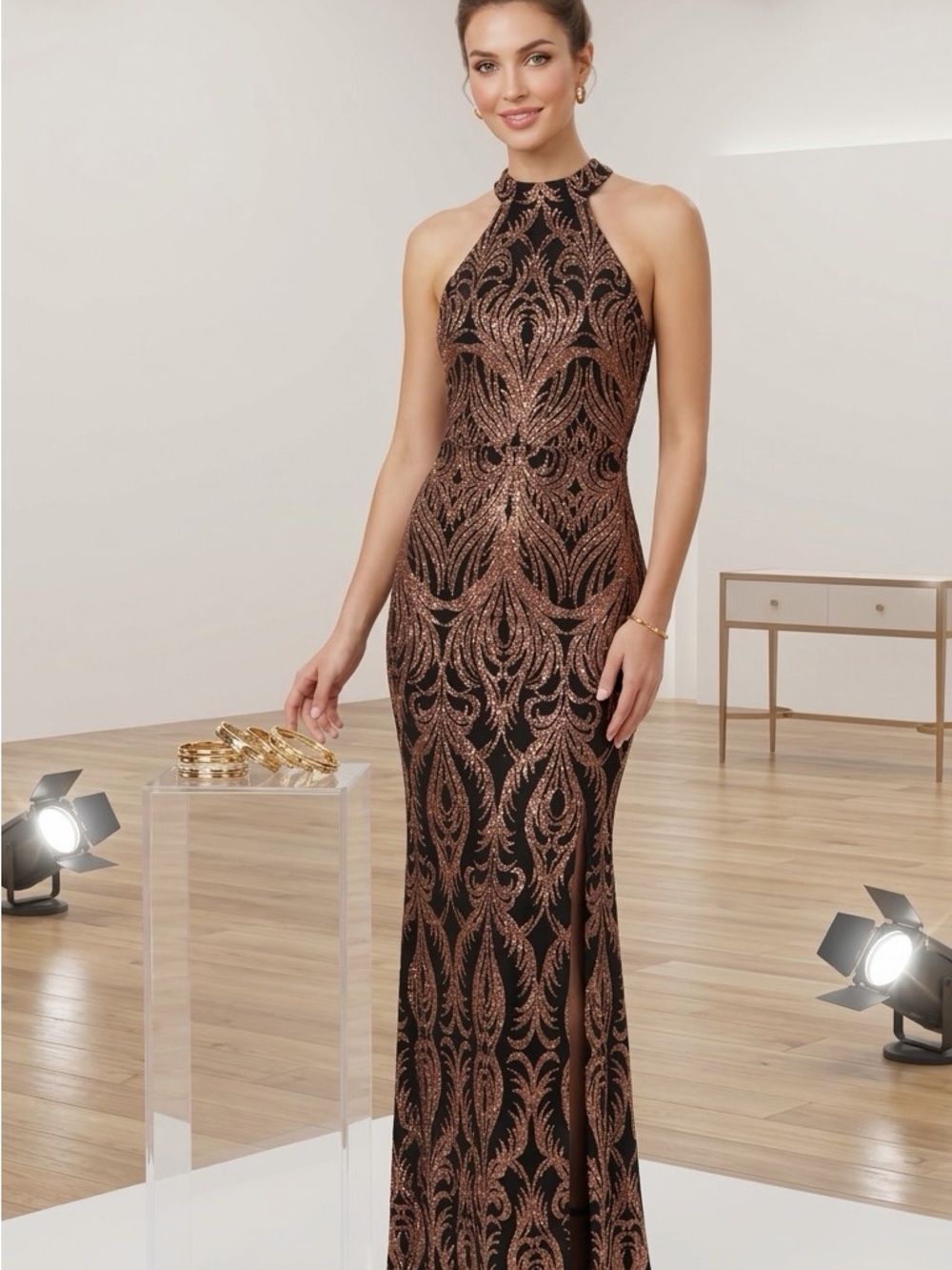 Betsy & Adam Black and Rose Gold Halter Sequin Maxi Gown